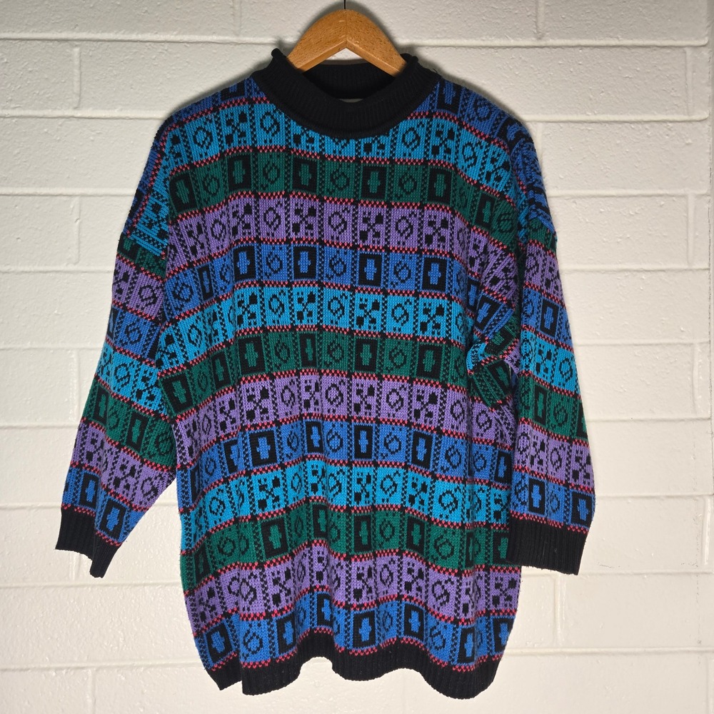 Vtg Stefano International Sweater OS Geometric Knit 80s 90s Colorful Tunic‎